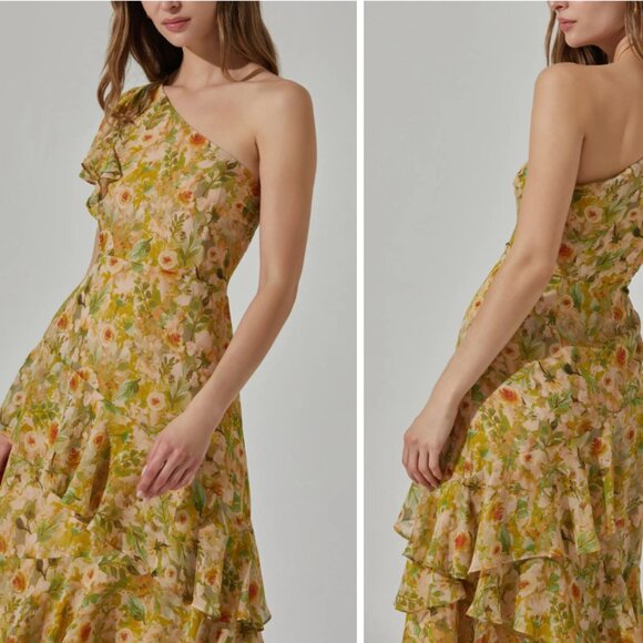 ASTR The Label Asymmetric Ruffle One-shoulder Maxi Dress In Green Cream Floral - Picture 2 of 8